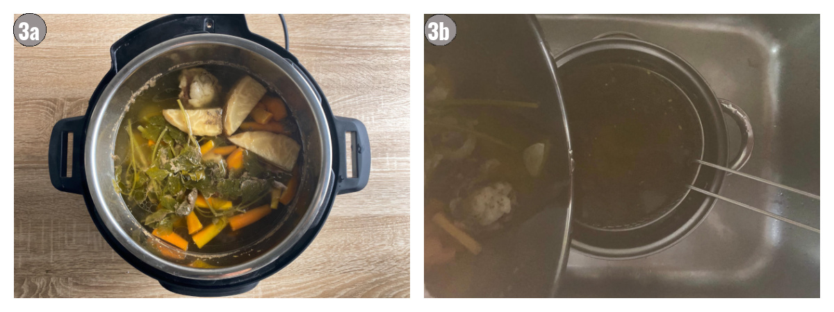 Two photos side by side of an Instant Pot done cooking, and straining the soup.