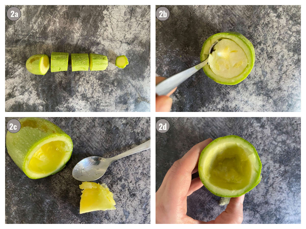 Four photos (two by two) of the zucchini being cut in quarters and then cored until cups are made (on fourth photograph). 