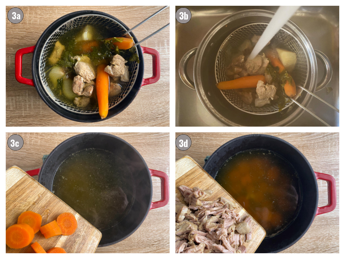 Four photographs side by side of a pot with soup and vegetables and meat being cut into it. 