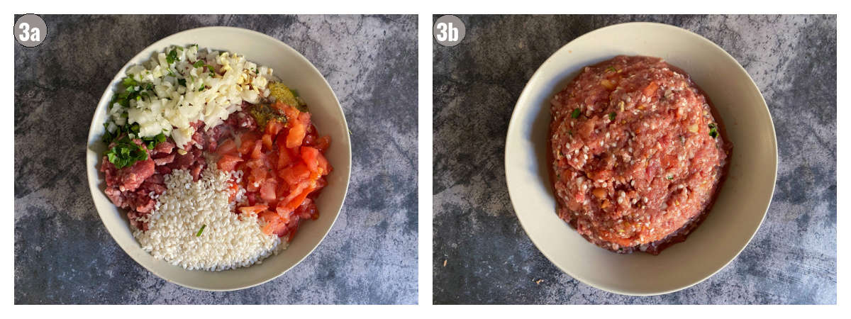 Two photographs, side by side, of the filling in a white bowl. Filling is made out of meat, rice, veggies and aromatics, all is on a gray background. 