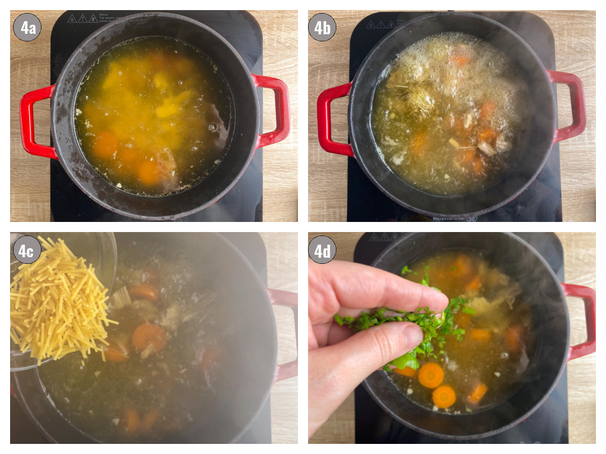 Four photographs of soup in a pot, cooking and with noodles and parsley added in photos three and four.