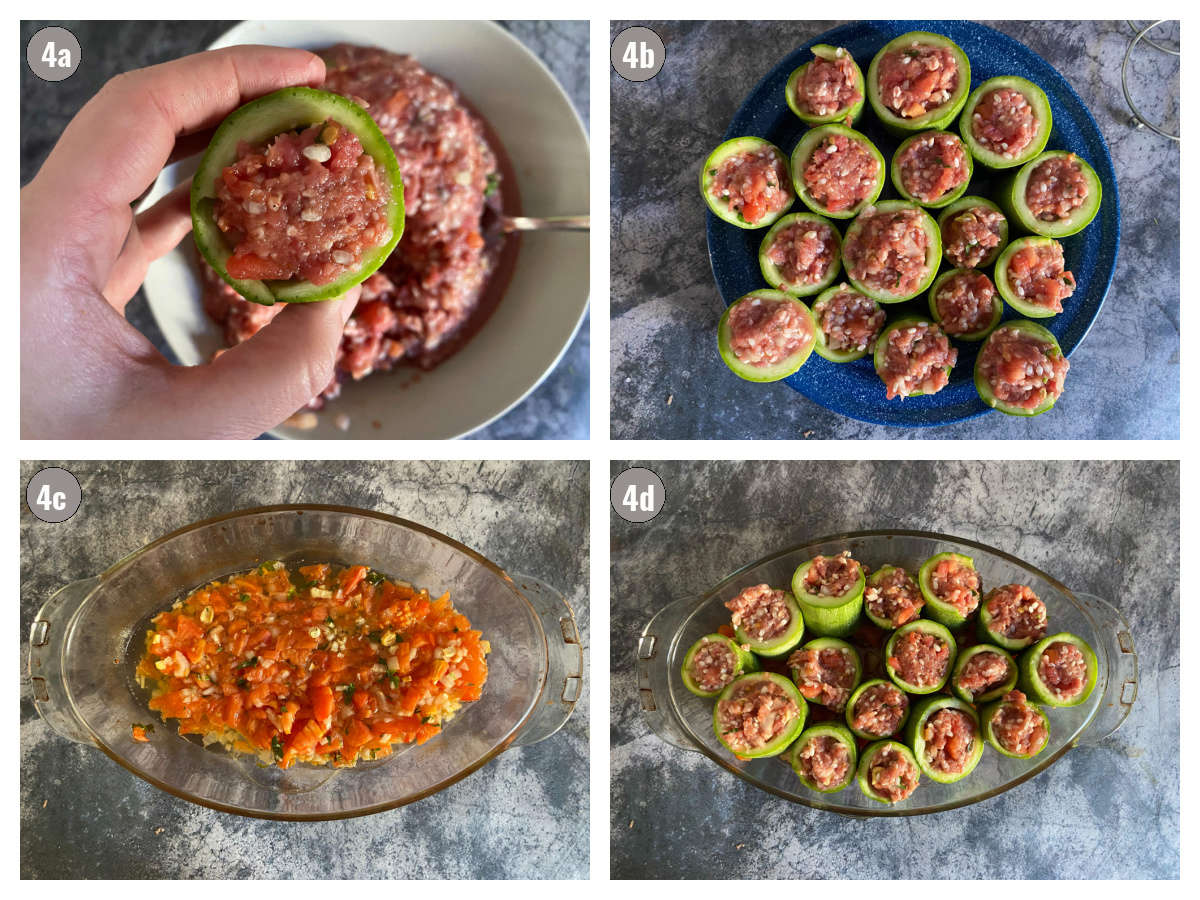 Four photographs, two by two, of zucchini cups being filled (first photo), then all zucchini cups on a blue plate (second photo), third photo is of glass bakeware with the sauce, and the fourth photo is of the glassware filled with zucchini cups.