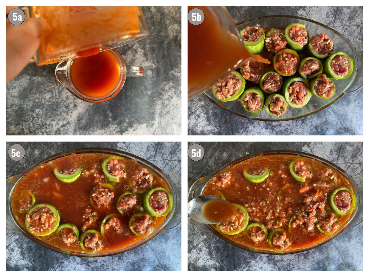 Four photographs (two by two): photo one is of tomato sauce poured, second one is of tomato sauce poured over zucchini cups, third is of a pan with zucchini cups and sauce, and fourth of a spoon, pouring red sauce over zucchini cups.
