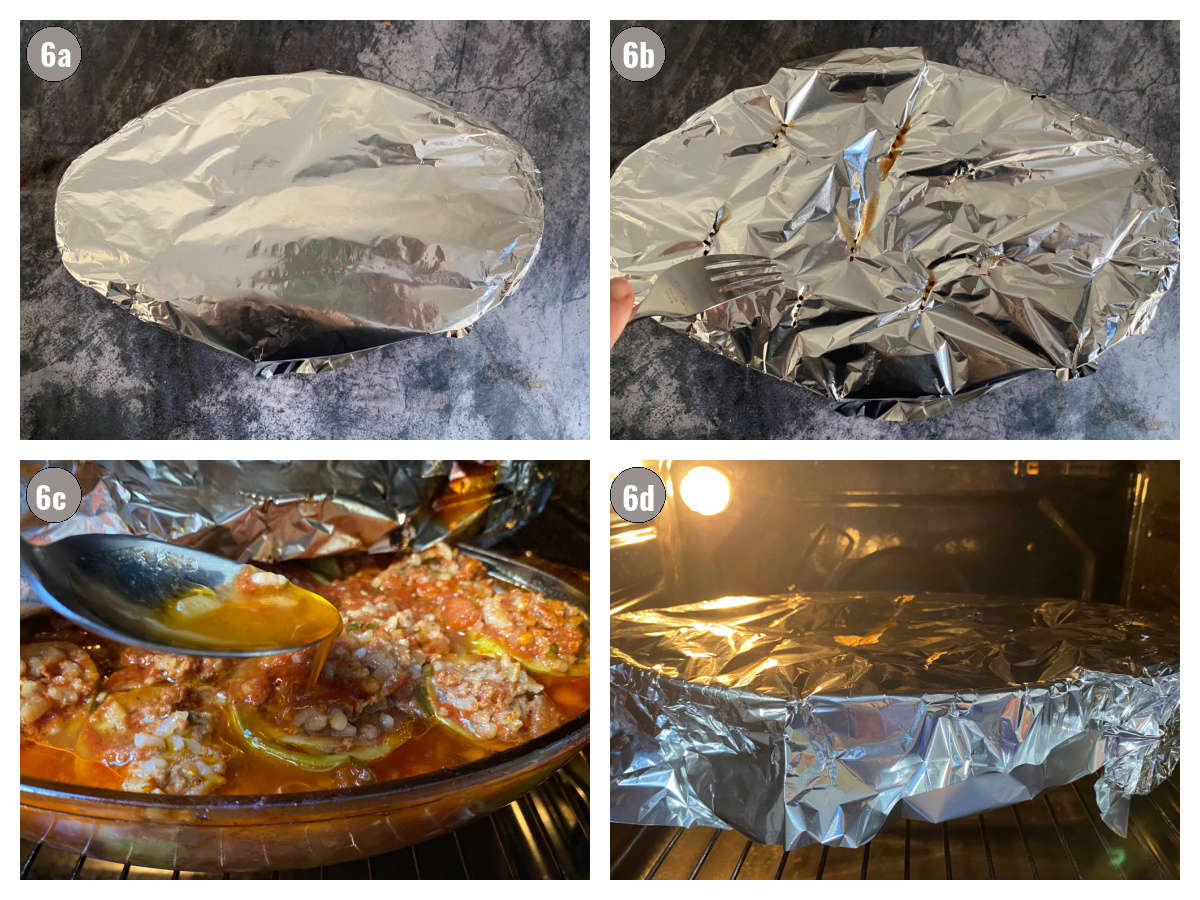Four photographs, two by two, of foil covering zucchini pan; the third photo is of the spoon and zucchini cups, and fourth is again of the pan covered with foil. 
