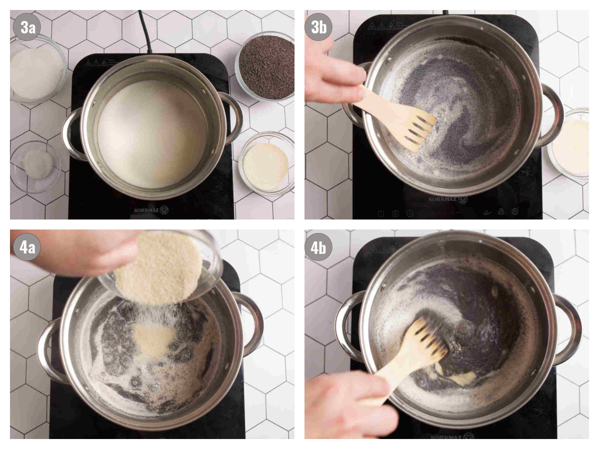 Four photographs with a pot and ingredients in it.