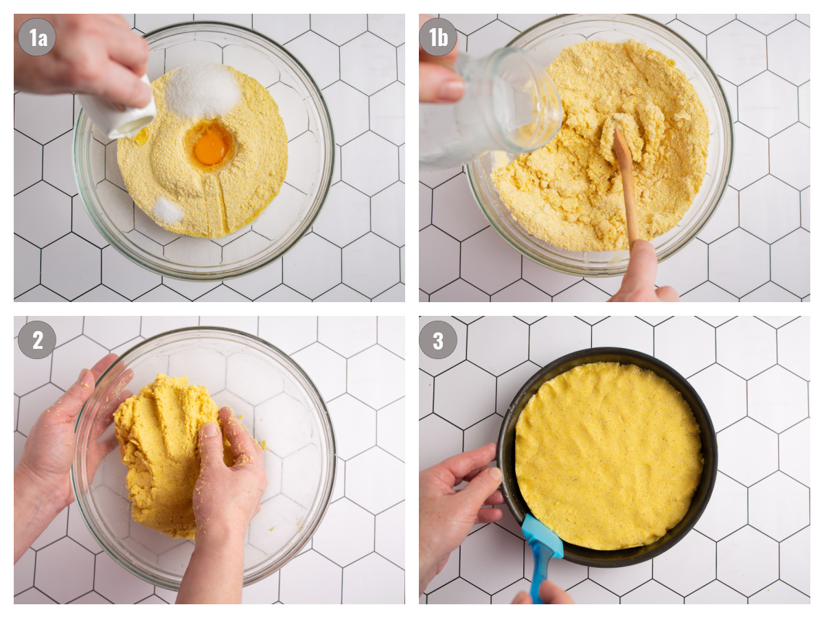 Four photographs of cornbread preparation.