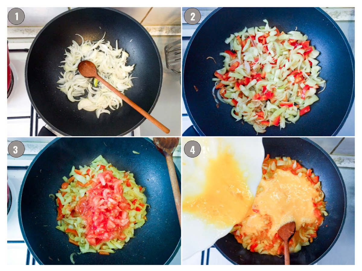 Four photographs, two by two, of a black pan with different ingredients: onion added in first, pepper added in second, tomato added in third, egg added in fourth.