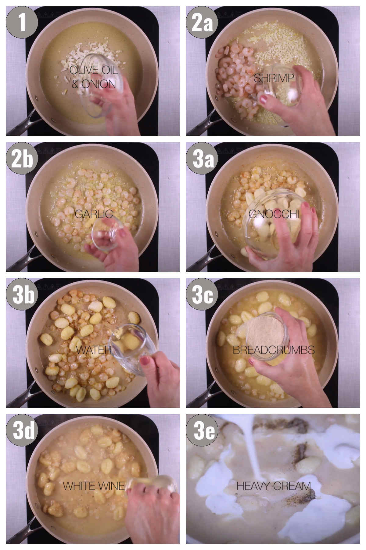 Eight photos, two by two, of shrimp gnocchi preparation.