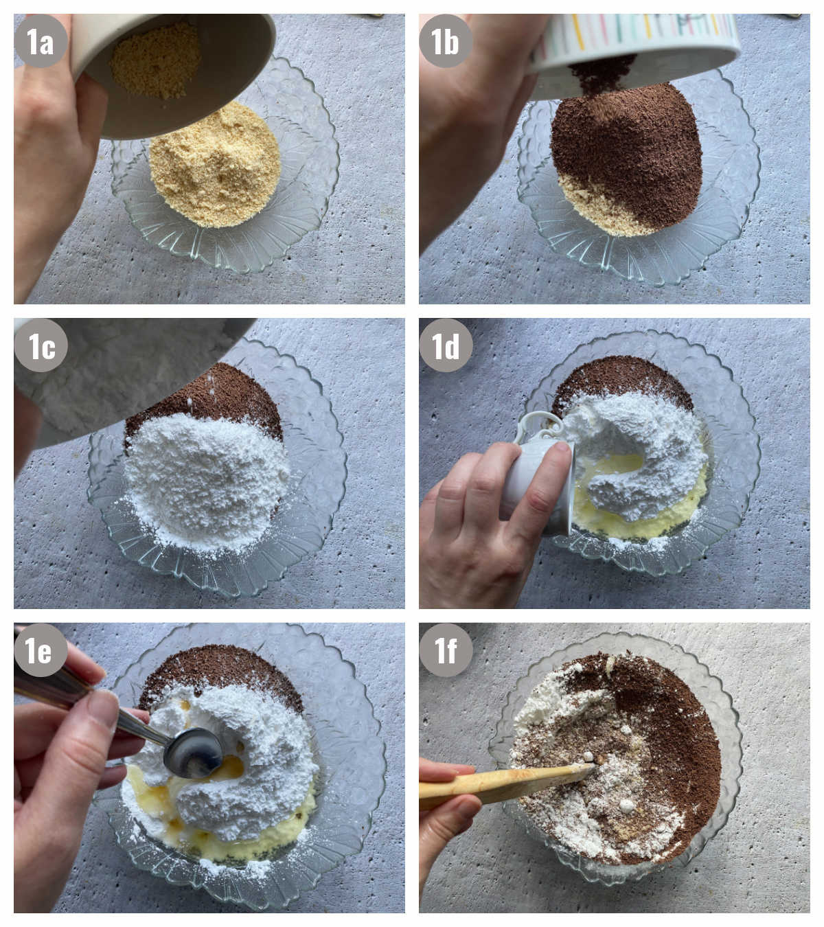 Six photographs, two by three, where ingredients for truffles are added to a clear ball by a hand holding different bowls. The last two photographs depict a bowl with ingredients and a hand holding a wooden spatula and mixing the ingredients.
