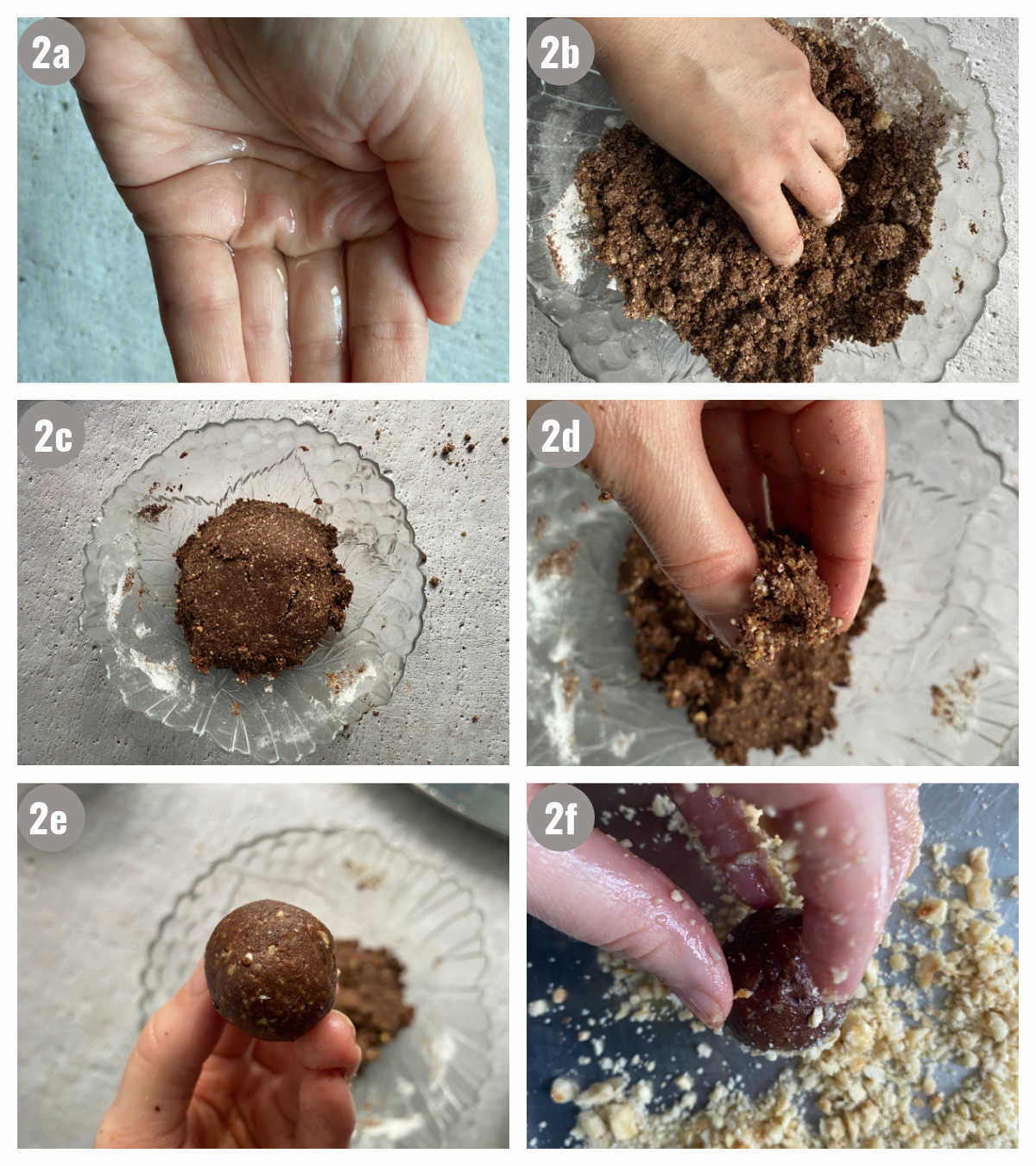 Six photos, two by three, of hazelnut truffles being shaped by a hand. 