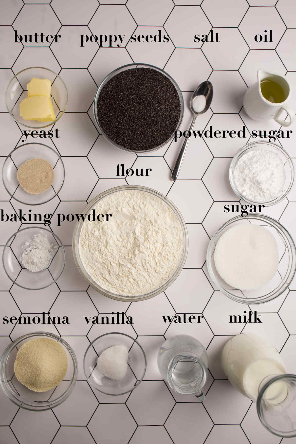Overhead photograph of ingredients for poppy seed roll. 