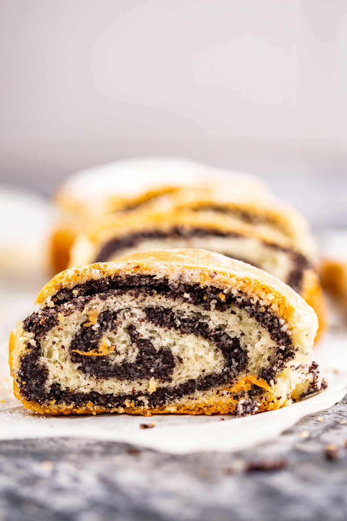 Closeup of a poppy seed slice. 