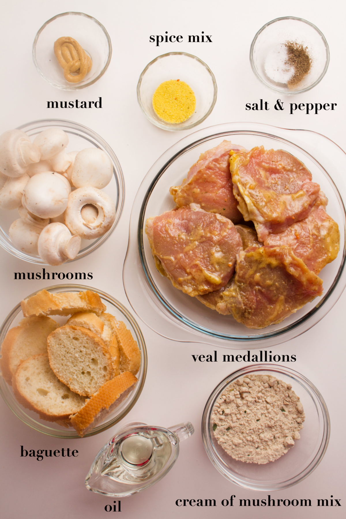 Ingredients: spices, mustard, mushrooms, veal, baguette, oil and cream of mushroom mix