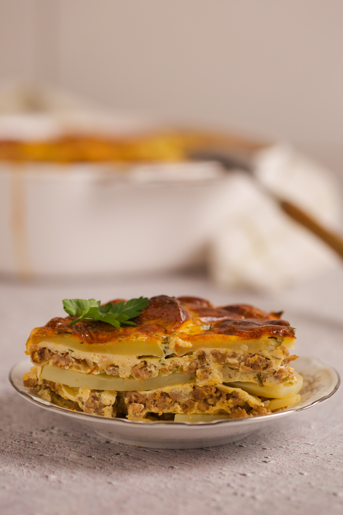 Moussaka on a plate. 