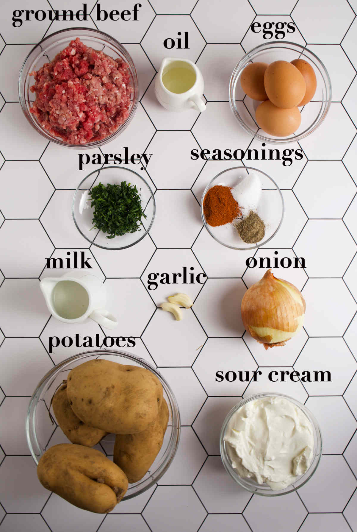 Overhead photo of ingredients to make moussaka.