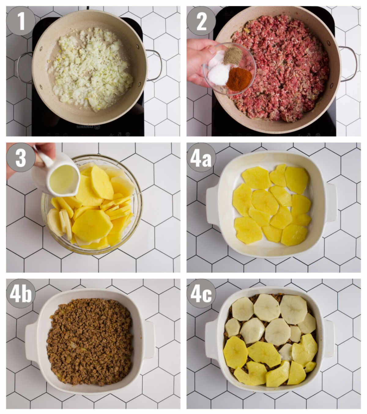 Six photographs of moussaka preparation.