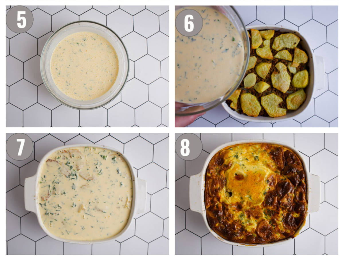 Four photographs depicting moussaka preparation.