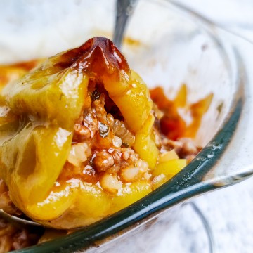 Closeup of a stuffed pepper.