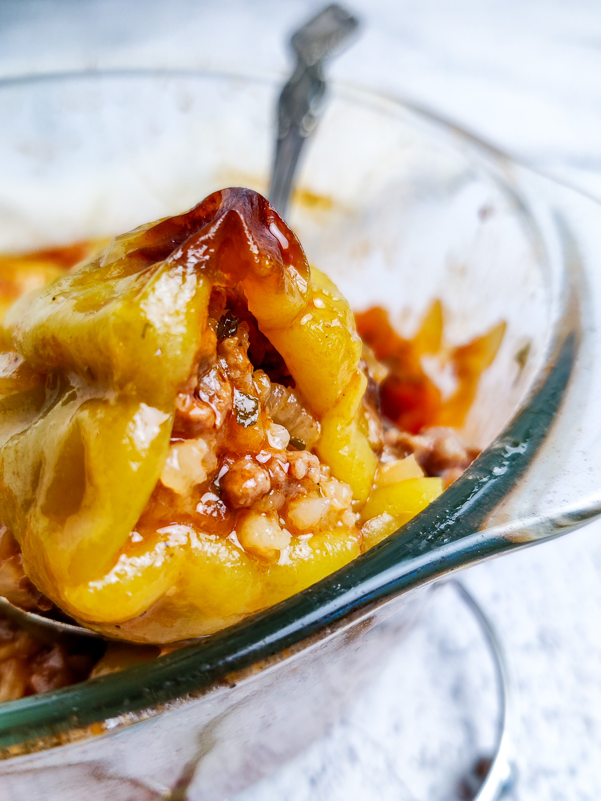 Closeup of a stuffed pepper.