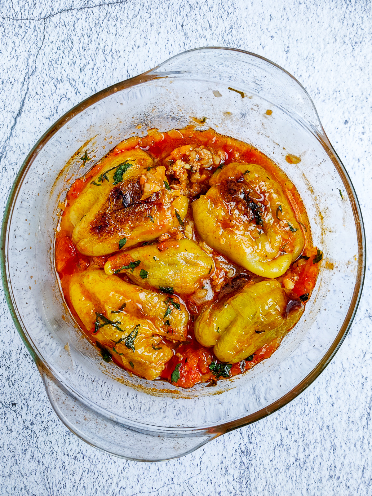 Overhead photo of stuffed peppers.