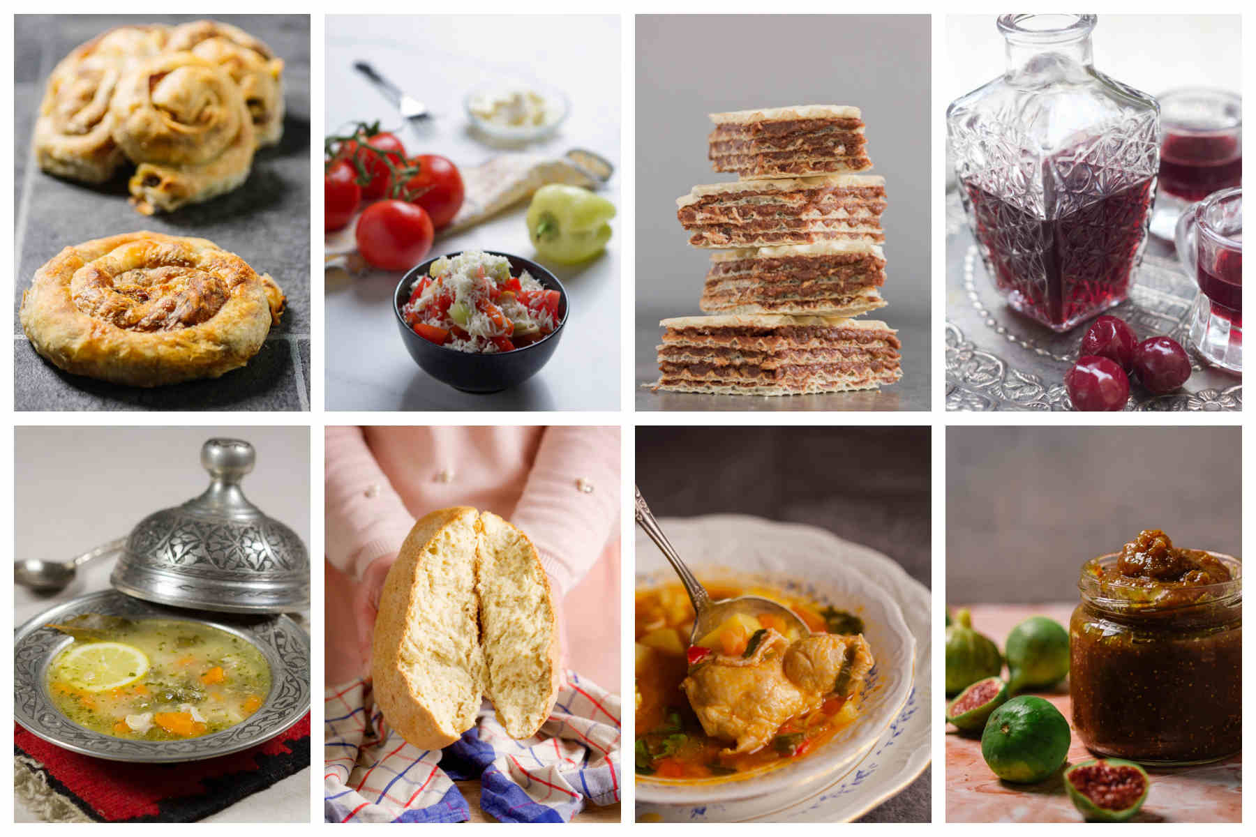 Two rows of four photos depicting different foods. 