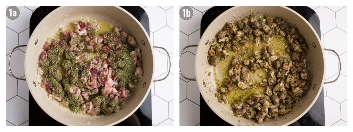 Two photographs of meat browned in the pan.