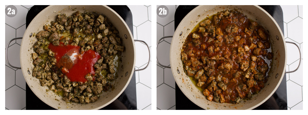 Two photographs of meat in pan, one with seasonings, one finished.