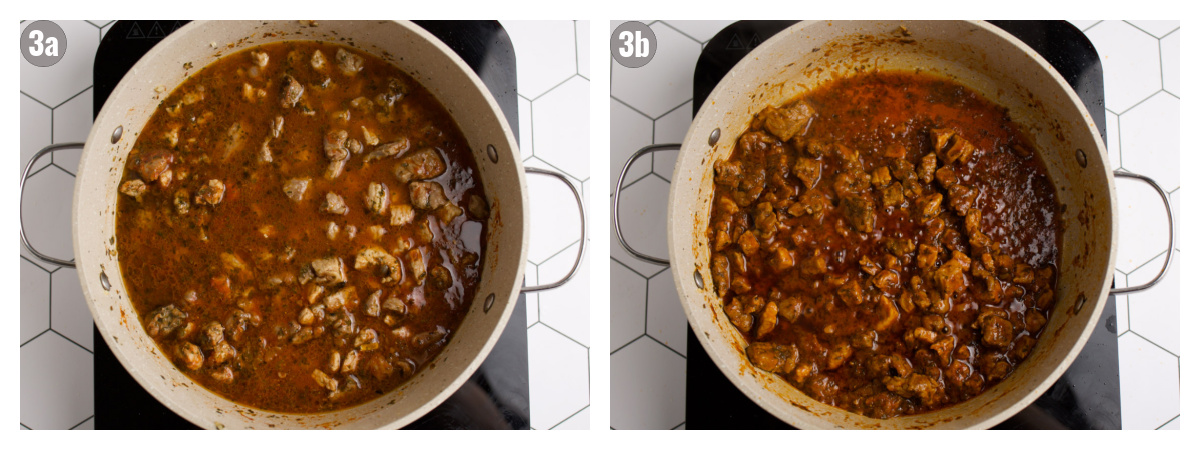 Two photographs of meat in pan being cooked.