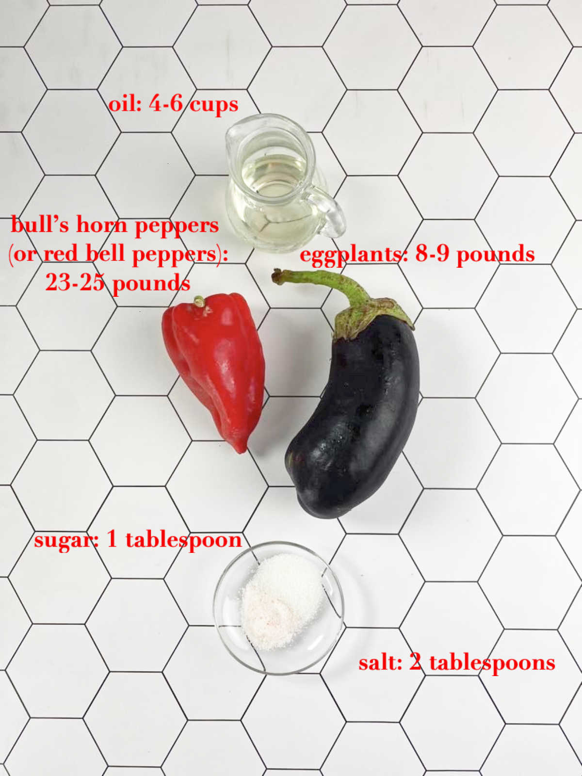 Eggplant, pepper, salt, sugar and oil on a honeycomb background. 