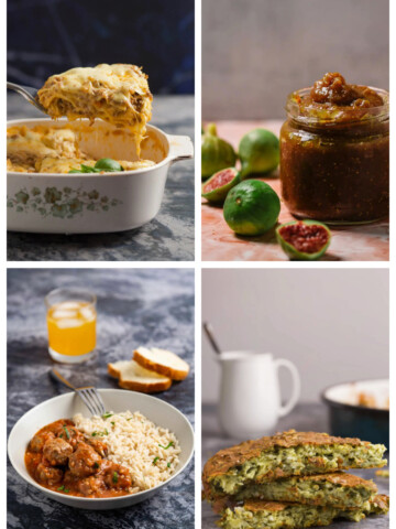 Four photographs, two on top (lasagna and fig jam), and two on bottom (meatballs and spinach pie).