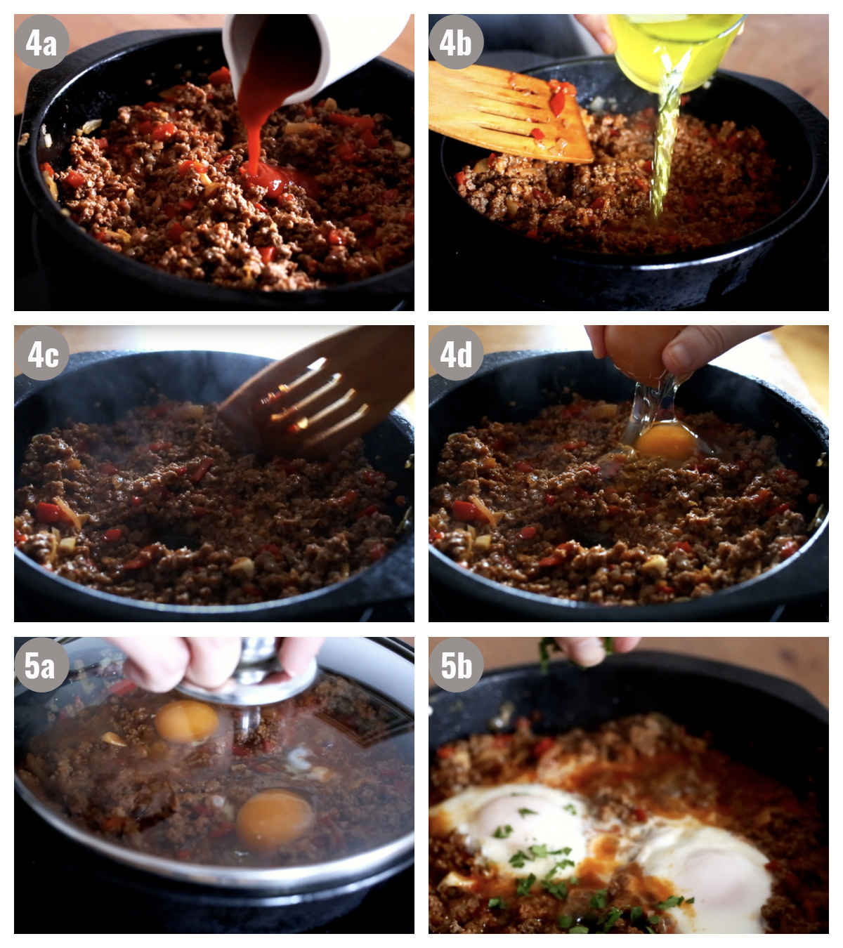 Six photographs of different ingredients cooked in a black pan (ground beef, tomato sauce, broth, eggs). 