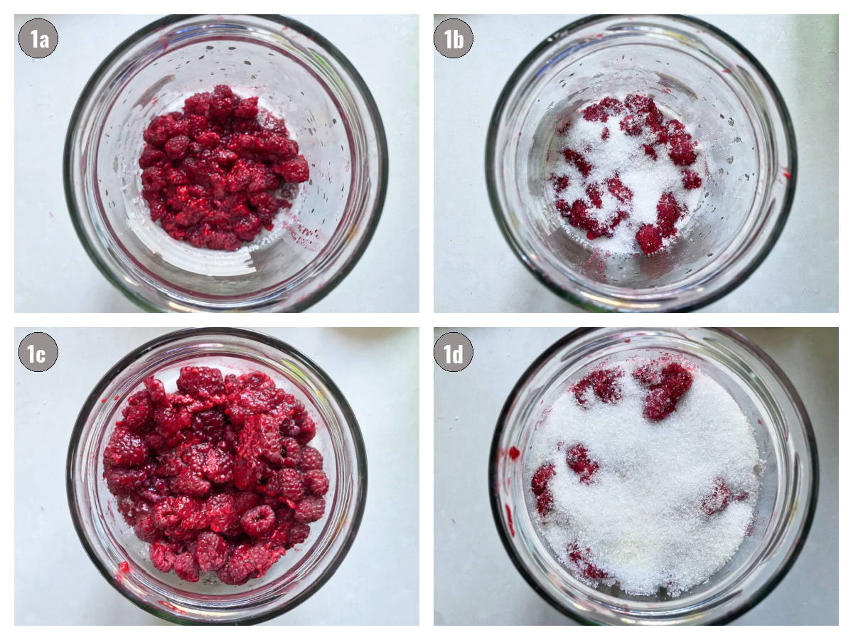 Four photographs side by side of a jar filled with raspberries and sugar. 