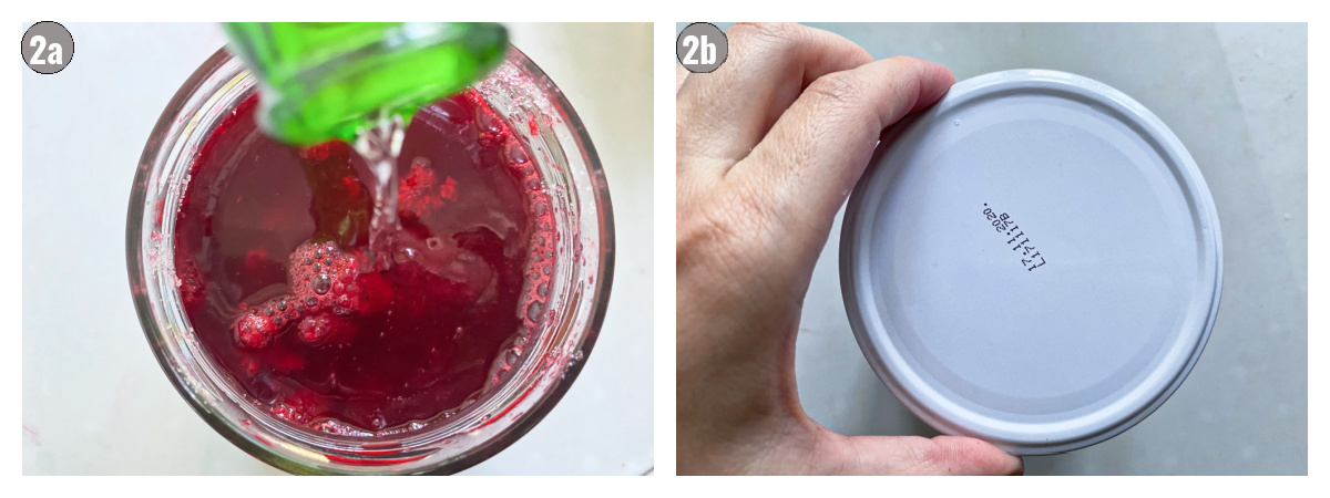 Two photographs side by side of a jar with raspberries being filled with liquor and then fastened. 