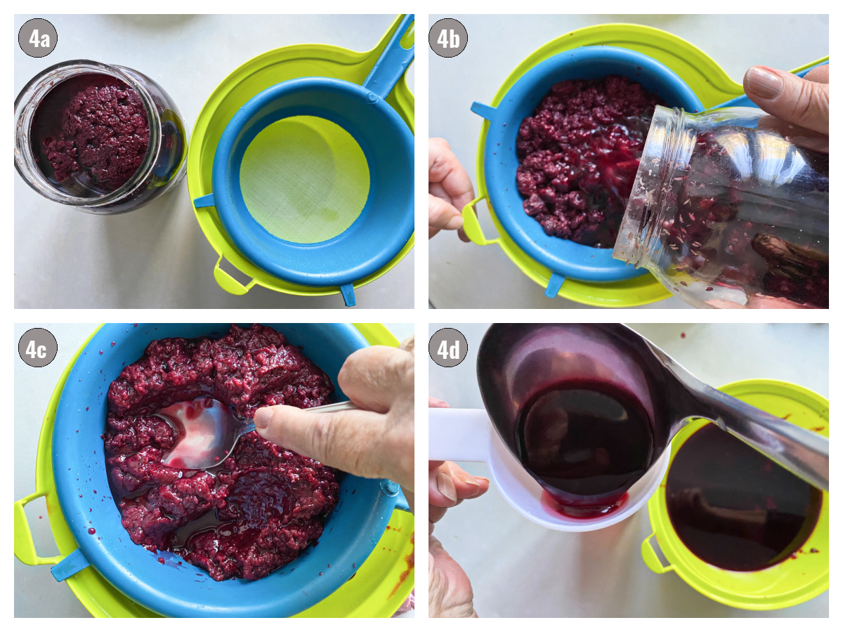 Four photographs of straining raspberry liqueur after it being fermented in the sun. Images are of a jar, strainer and a bowl. 