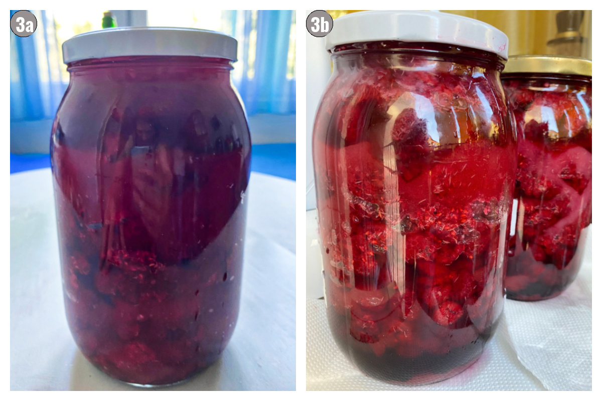Two photographs of jars with raspberry liqueur, side by side.