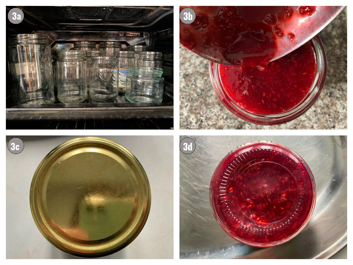Four photographs (2by2) of jars being sterilized in the oven, and then the jam being poured into the jar and jar lid fastened and jar turned upside down.