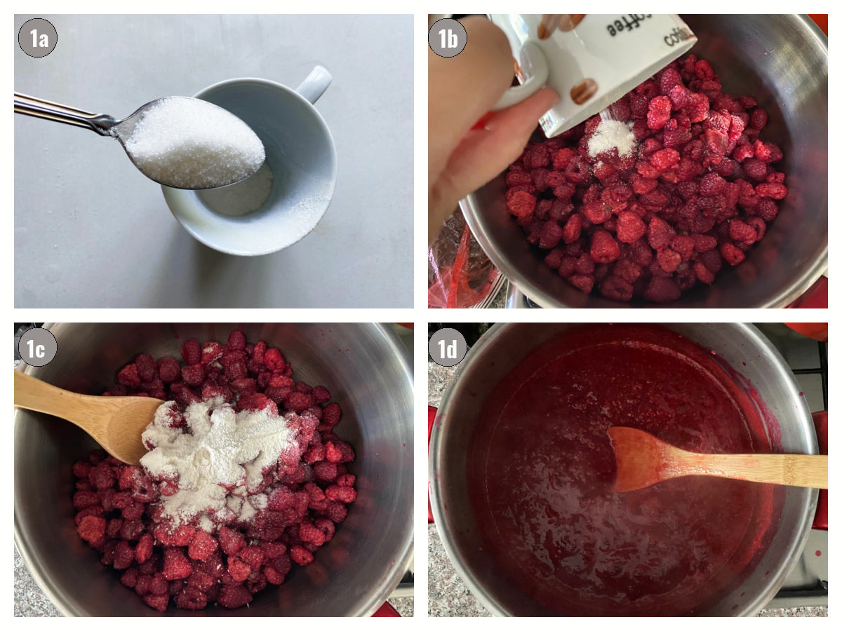 Four photographs side by side (2x2): one of pectin with sugar, one of pectin on raspberries in pot, another one of pectin stirred, and final one of jam stirred and cooked.  