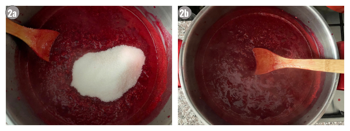 Two photographs side by side of jam with sugar and wooden spatula for stirring.