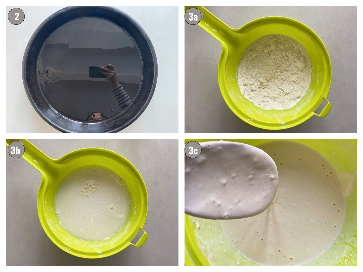Four photos, two by two, one of black pan, another three with batter being made in neon green bowl. 