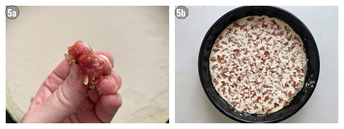 Two photographs side by side, one of a hand holding meat and the other of the pan full of batter with meat. 