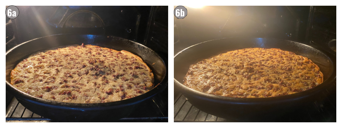 Two photographs, side by side, of the pie baking in oven in black pan. 