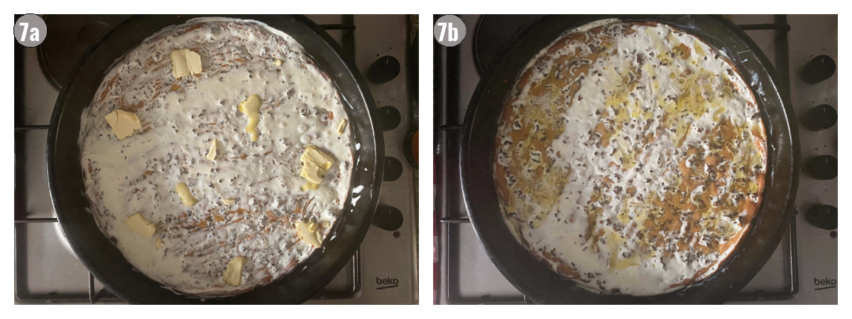 Two photographs, side by side, of the pie in black pan with toppings of heavy cfream and butter. 