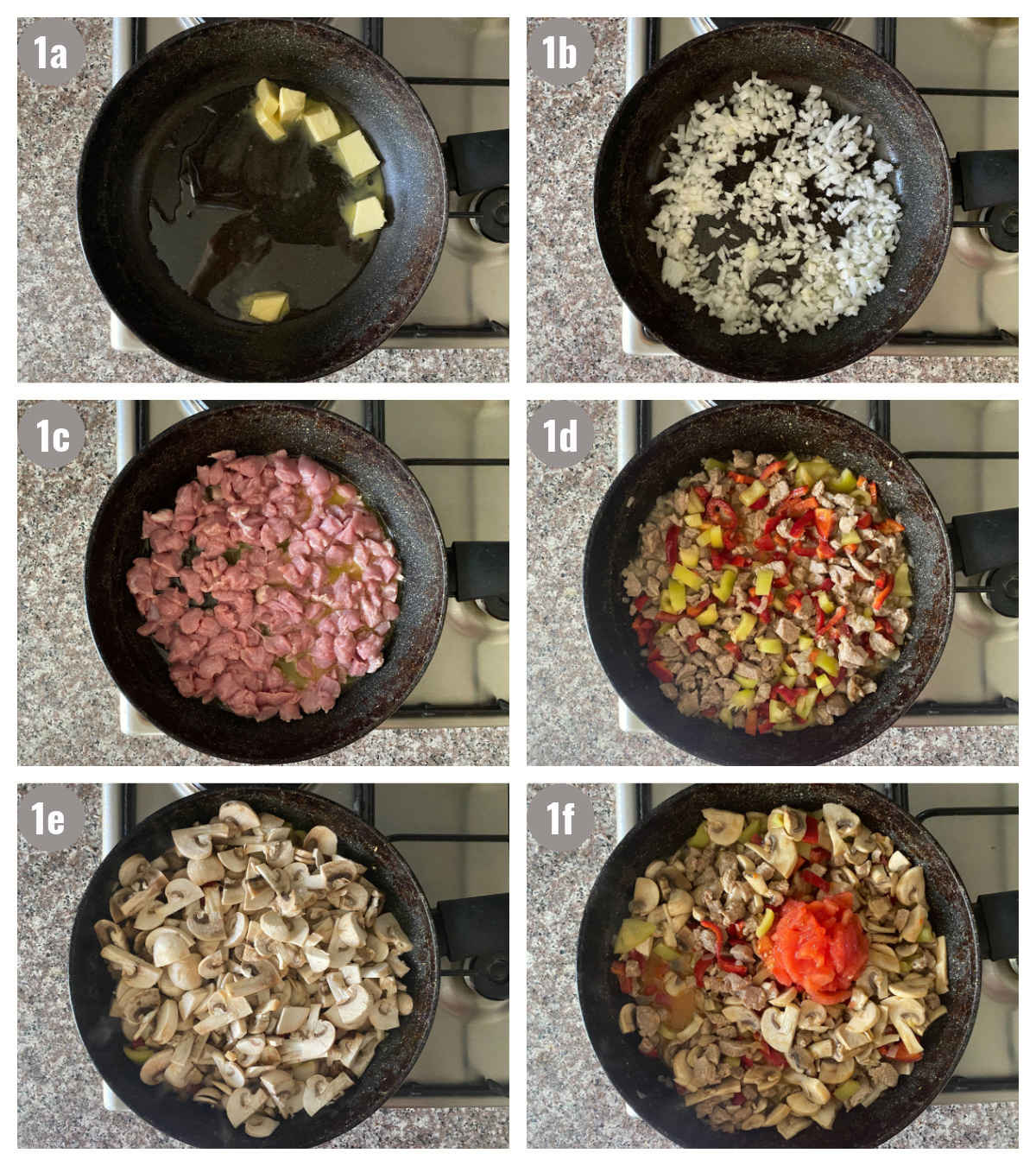 Six photographs, two by two, of a black pan with different ingredients inside (meat, onion, butter, oil, mushrooms, etc.).
