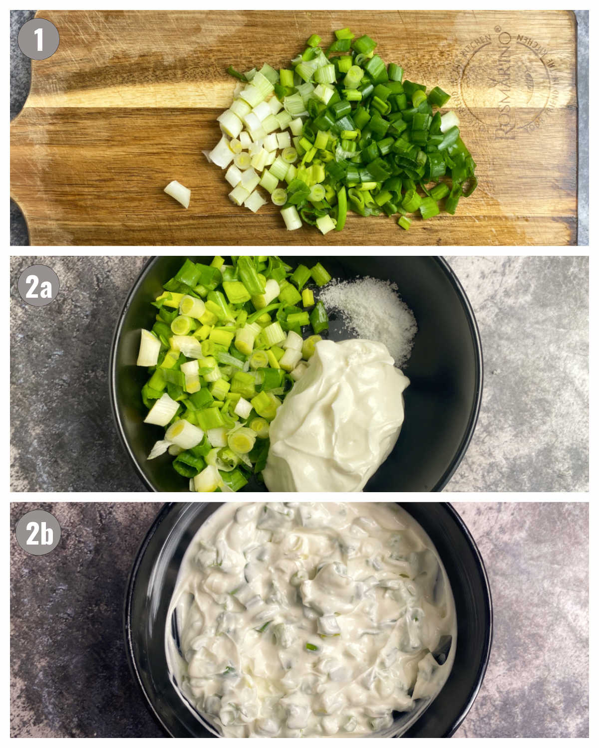 Three photos in one of preparation of scallion salad: scallions minced, sour cream added, all mixed. 