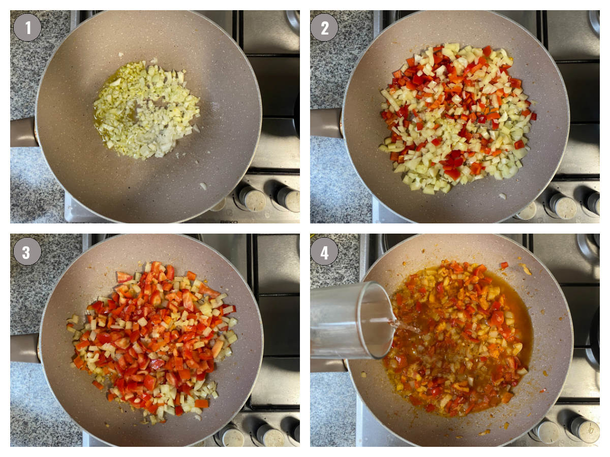 Four photographs, two by two, of a tan pan filled with onion (photo 1), onion and pepper (photo 2), onion pepper and tomato (photo 3), and ingredients and water in photo four. 