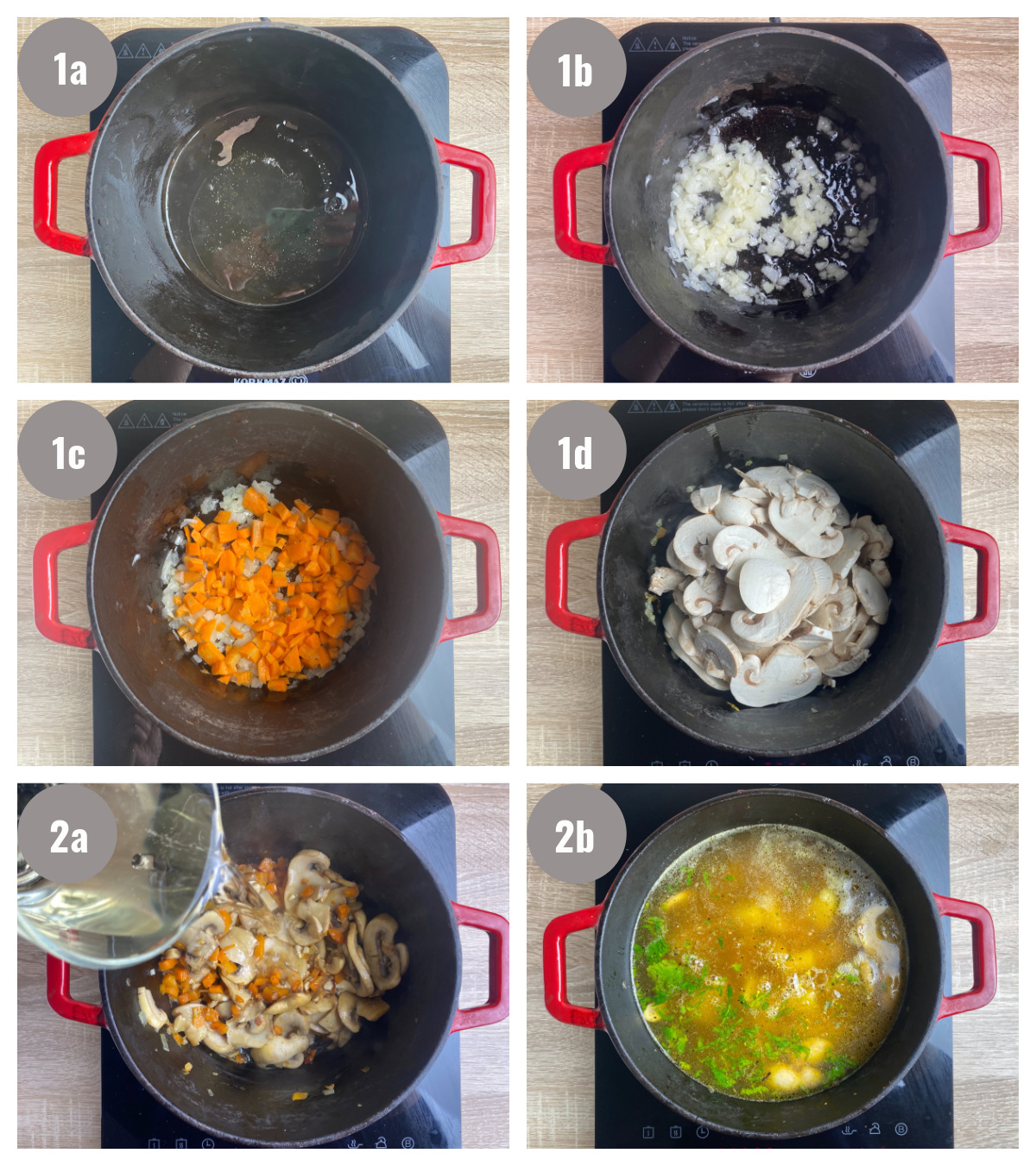 Six photos, two by three, of the preparation method for the soup. The photos are of the pan being filled with ingredients.