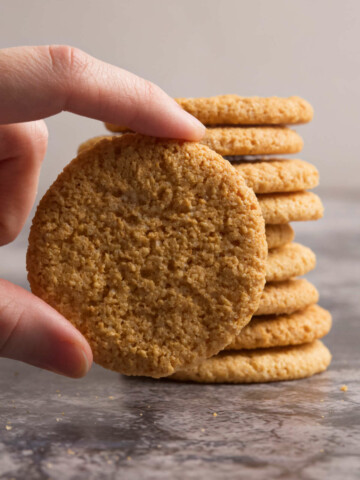 A hand holding a cookie and several in the background.