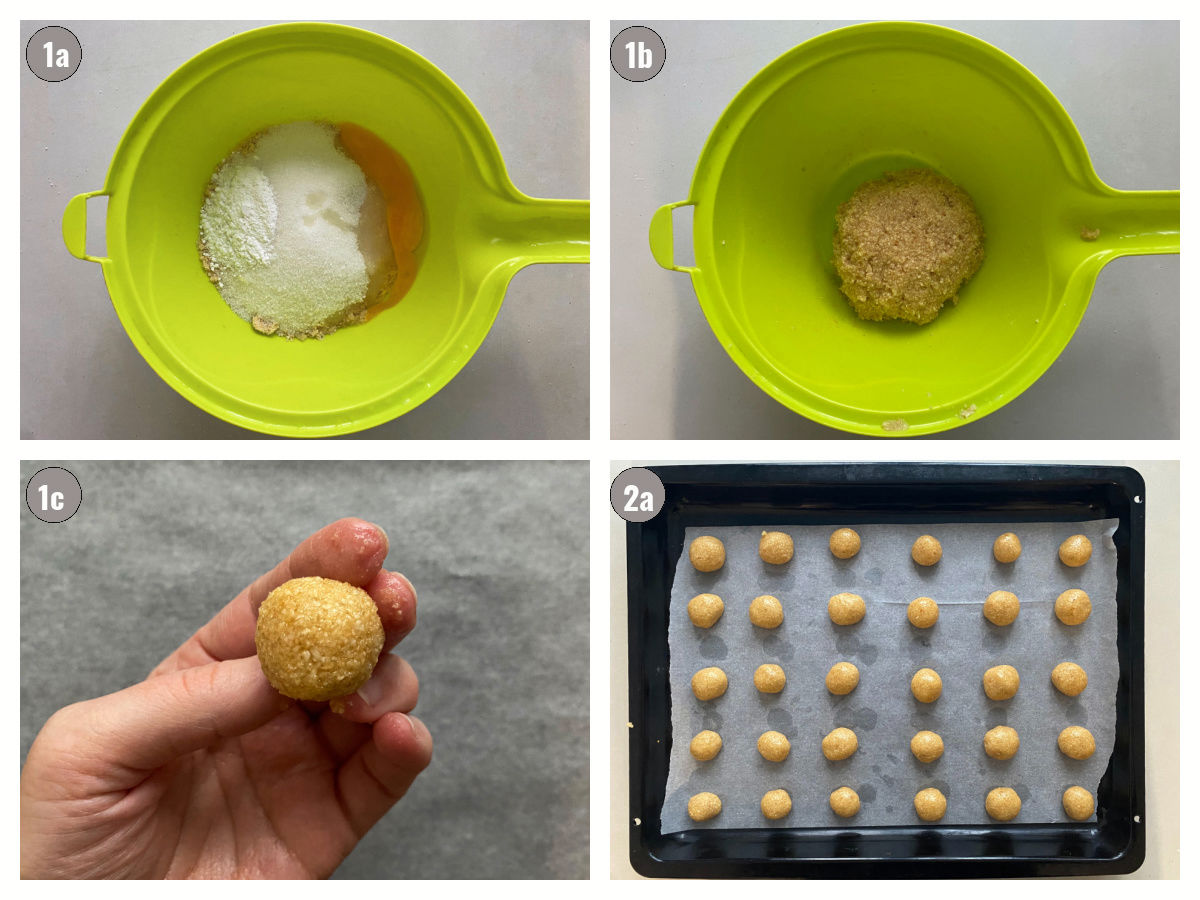 Four photos of preparation, two by two, of batter for cookies prepped and cookies formed.