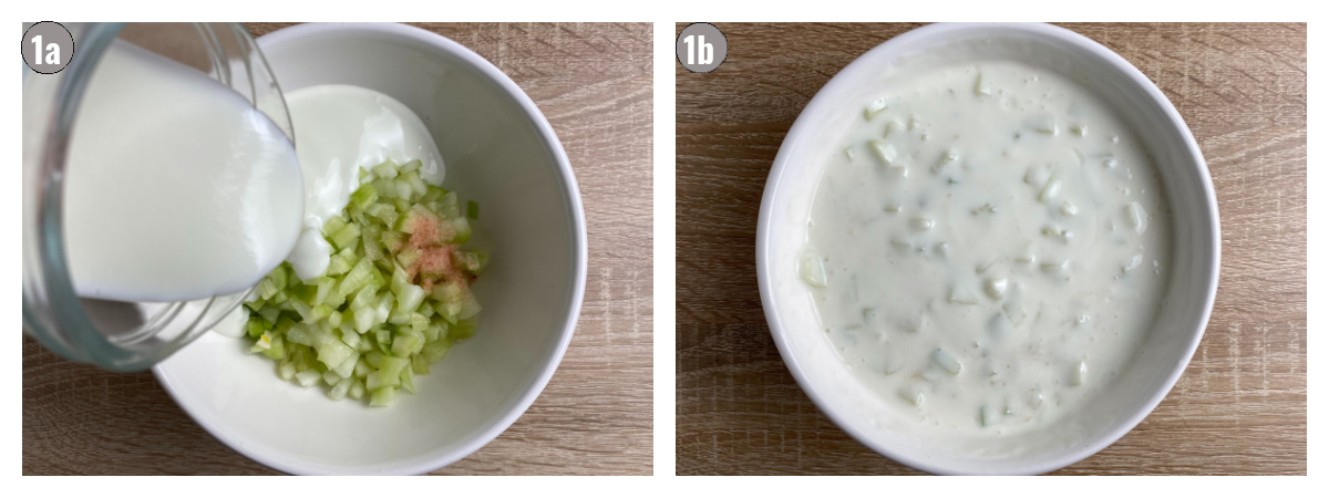 Two photos, side by side, of a bowl with ingredients for taratur soup (cucumber, yogurt, garlic). 