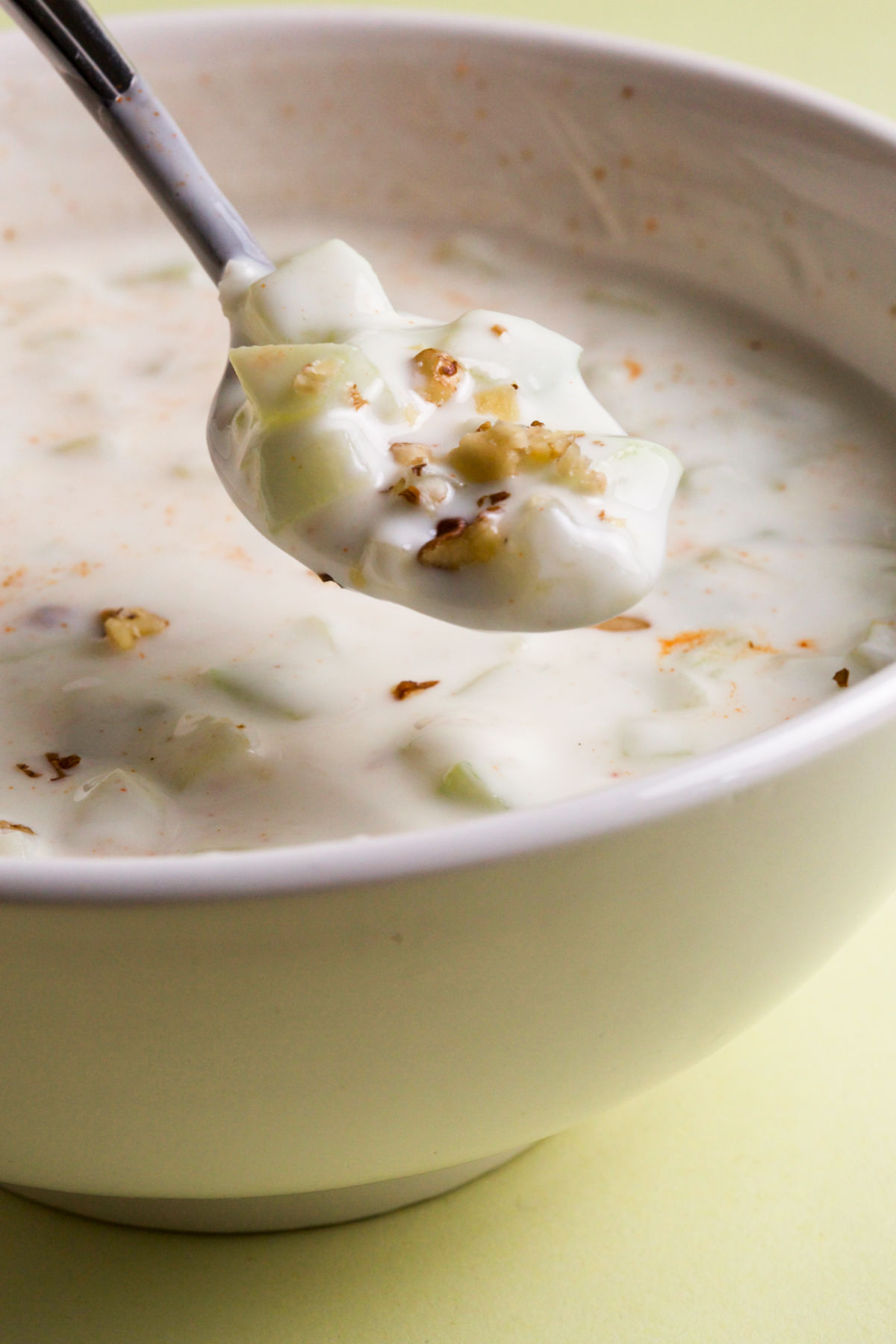  A spoon holding tarator taratur above a bowl.